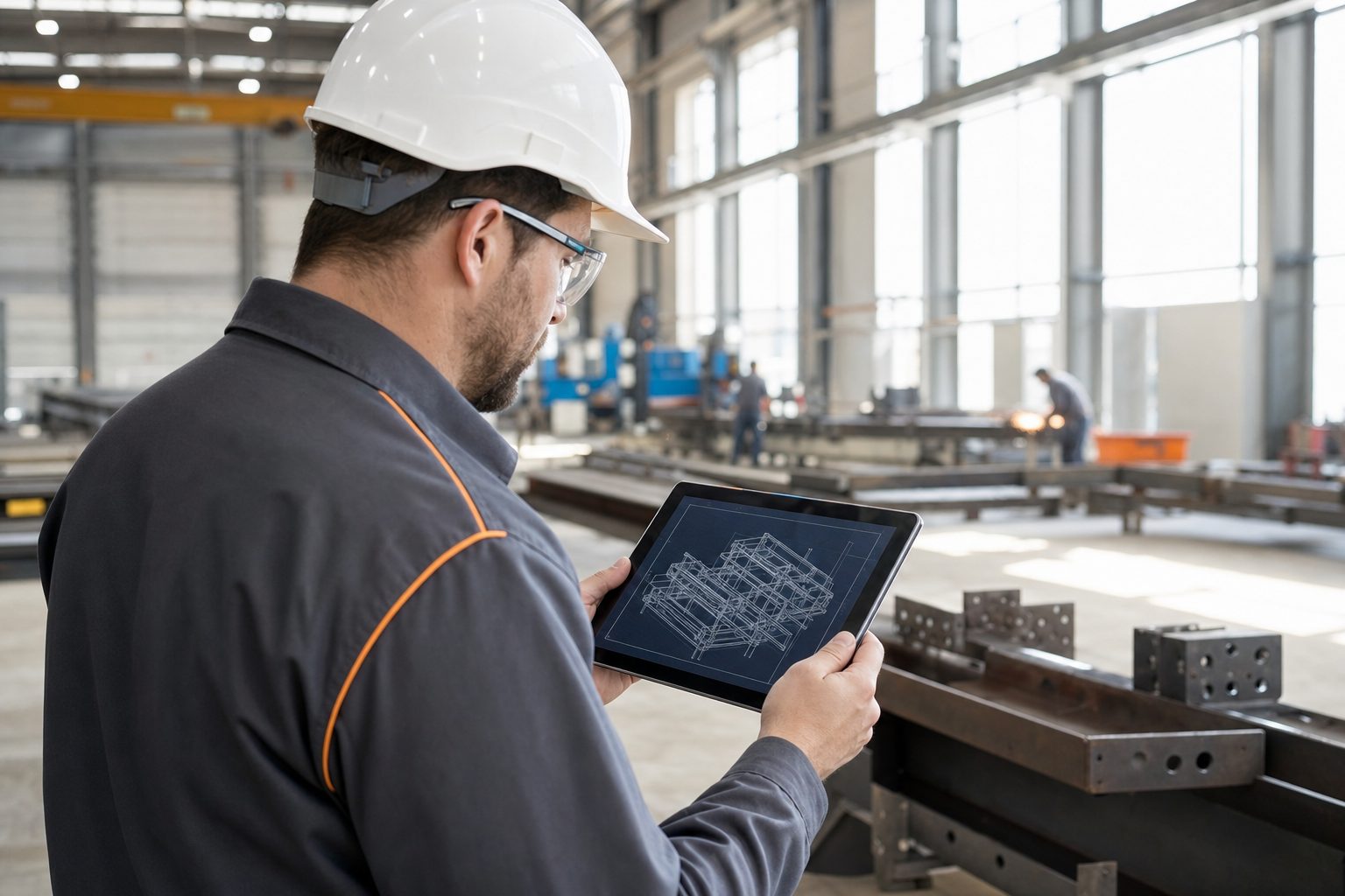 Industrial engineer inspecting a blueprint on a tablet in a clean factory workshop