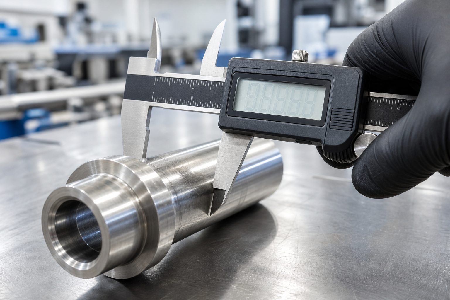 Precision measuring tool checking dimensions of a machined metal part